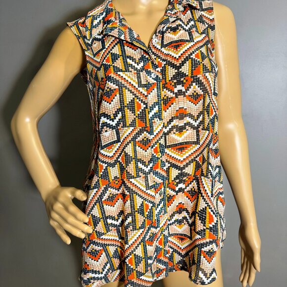 H&M Boho Geometric Print Sleeveless Button-Up collared blouse top - Picture 1 of 6